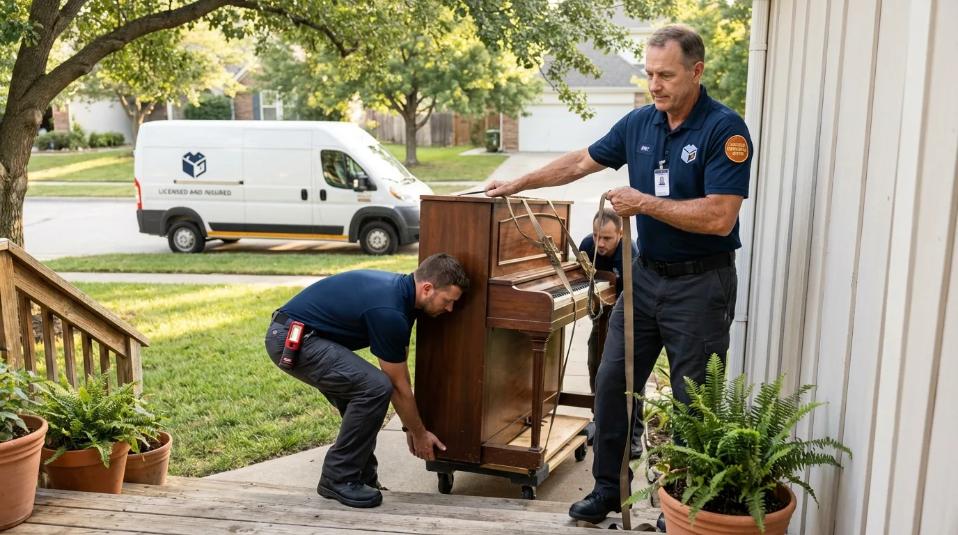 Licensed piano movers securing grand piano in Fruitland Park, FL