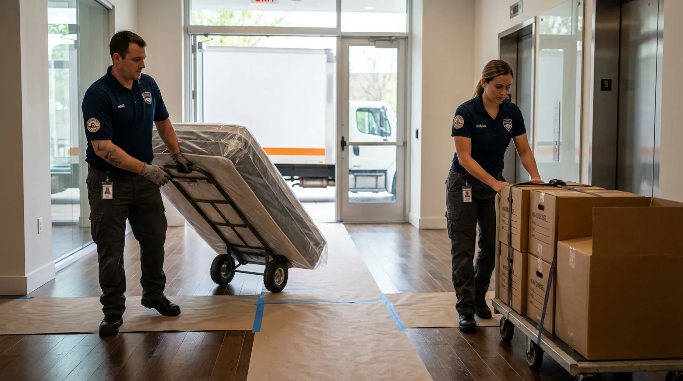 Professional apartment movers loading elevator in Fruitland Park, FL