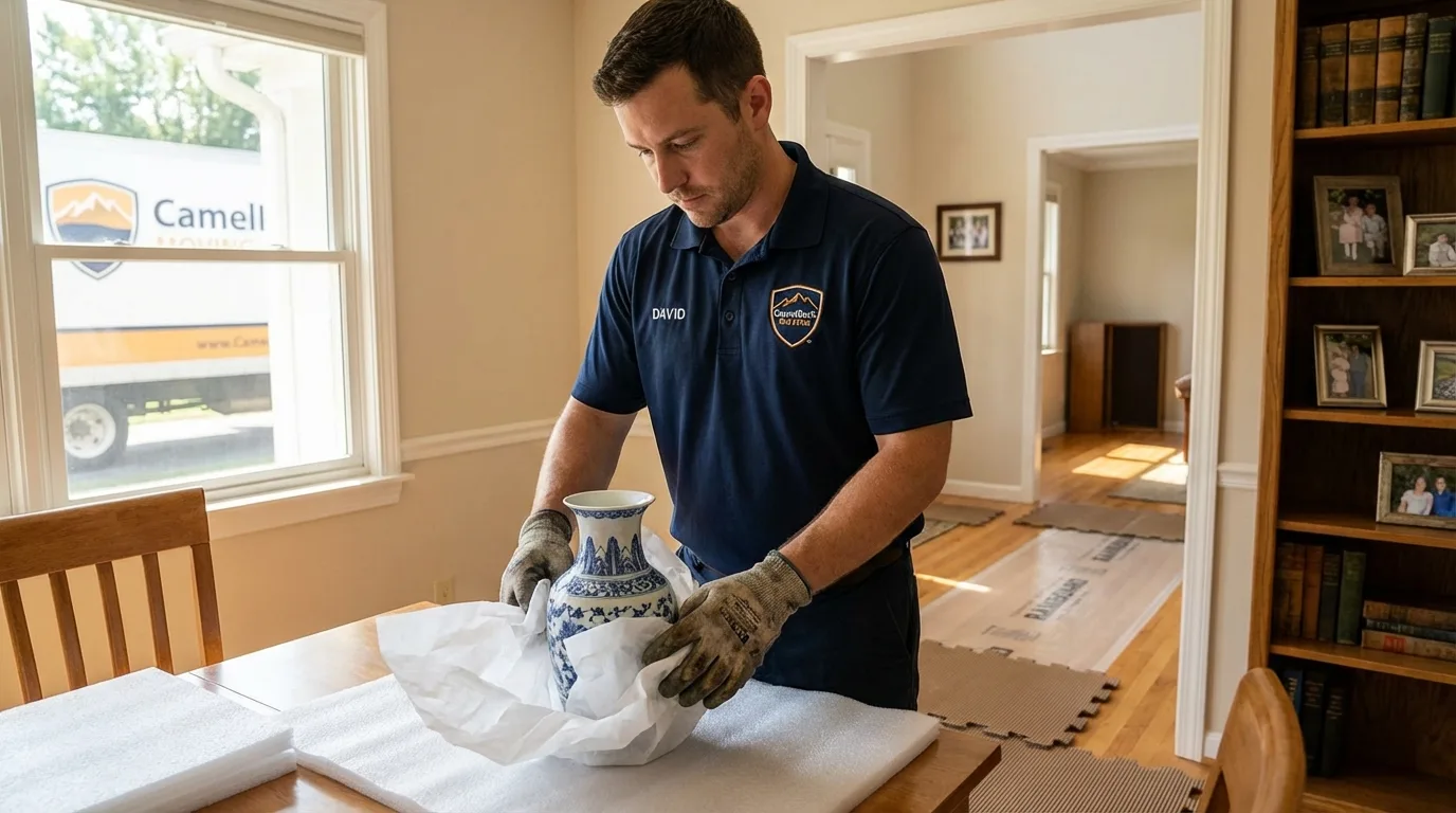 Professional crew carefully wrapping antique vase for senior downsizing move in Fruitland Park, FL